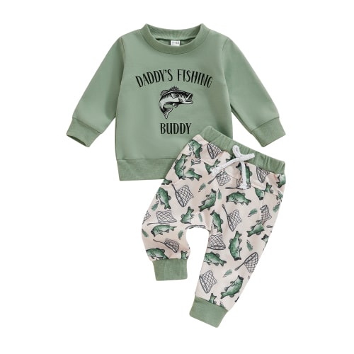 Qtinghua Toddler Baby Boy Fall Outfit Daddy's Fishing Buddy Letters Print Sweatshirt Fish Print Pants Set 2Pcs Hunting Outfit
