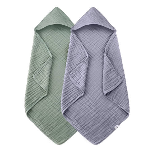 2 Pack Hooded Baby Towels - 100% Muslin Cotton for Newborns, Infants, Toddlers - Large 32x32Inch Size - Highly Absorbent and Essential for Newborn Care, Green and Grey