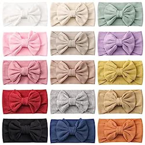 jollybows 15 PCS Baby Girls Headbands with Bows Handmade Hair Accessories Stretchy Hairbands for Newborn Infant Toddler - 1- Single layer 15 Muti-colors