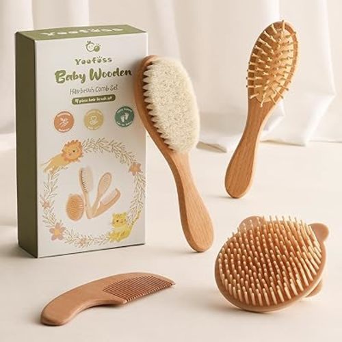 Yoofoss 4 Piece Baby Brush and Comb Set, Wooden Baby Brush with Natural Ultra Soft Goat Hair, Baby Hair Brush for Newborn, Baby Brush Set for Boy Girl