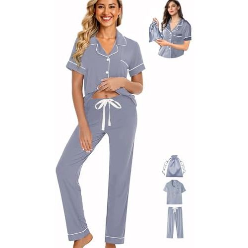 Womens 3Pcs Pajamas Set Soft Pajama Sets Button Down Pjs Set Knit Sleepwear Lounge Sets with Long Pants XS-XXL