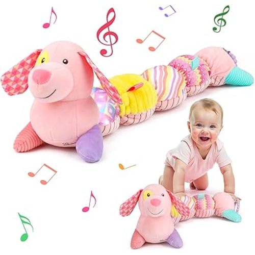 Baby Sensory Toys 0-6 Months Music Stuffed Animal Plush Dog Toy for Infant 0-3-6 Month Tummy Time Texture Soft Toys with Crinkle Rattle for 6-12 Month Newborn Birthday Gift for 2 3 4 5 Month Old Girls