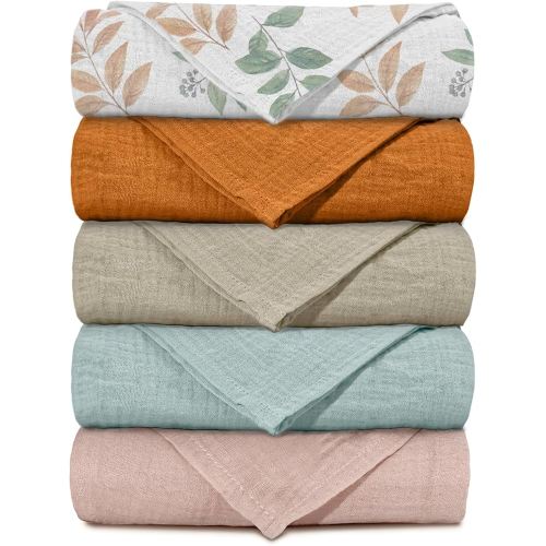Muslin Receiving Blankets, Neutral Blanket Swaddling for Newborn Boys and Girls, 5 Pack Breathable and Skin-Friendly Swaddle Wrap for Infant Baby (Gentle Colors)