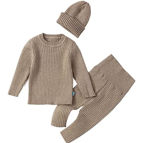 Teach Leanbh Baby Boys Girls Sweater Set Ribbed Elastic Knit Clothes Outfit Set Solid Tops High Waist Pants Hat