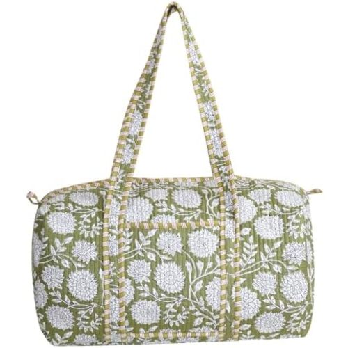 LKGSM Handmade Cotton Quilted Weekender Bag, Floral Indian Print Duffle, Bohemian Overnight Travel Tote for Women, Large Carry-on Luggage, Floral Gym Bag (B)