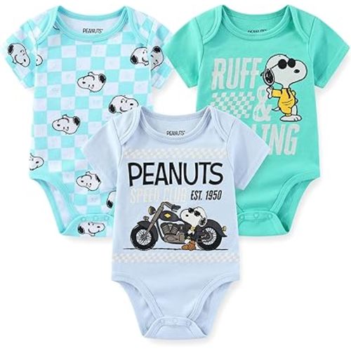 Peanuts Snoopy Baby Boys 3 Pack Bodysuit Creeper for Newborn and Infant