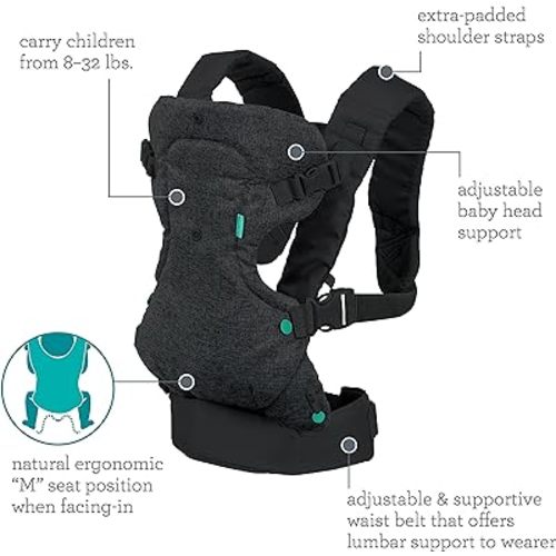 Infantino Flip 4-in-1 Convertible Baby Carrier, Adjustable, Ergonomic Babywearing, Registry Essential, Baby Carrier for Newborn to Toddler, Black