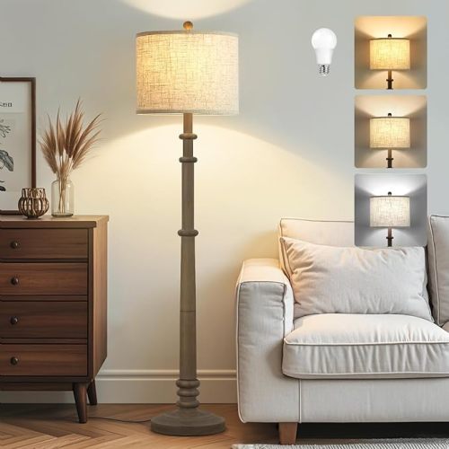 Floor Lamps for Living Room - 60" Wood Farmhouse Floor Lamp with Adjustable Color Temperatures - Vintage Standing Lamp Reading Light with Linen Shade Rustic Tall Lamp for Bedroom Office, Walnut