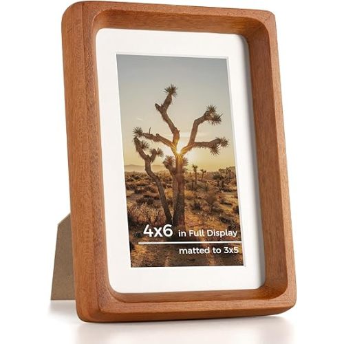 RICHFOCUS 4x6 Picture Frame USA-Sourced Natural Teak Solid Wood Photo Frame Handcrafted Rounded Corner Wooden Frame with Real Glass Display Photos 3x5 with Mat or 4x6 Without Mat