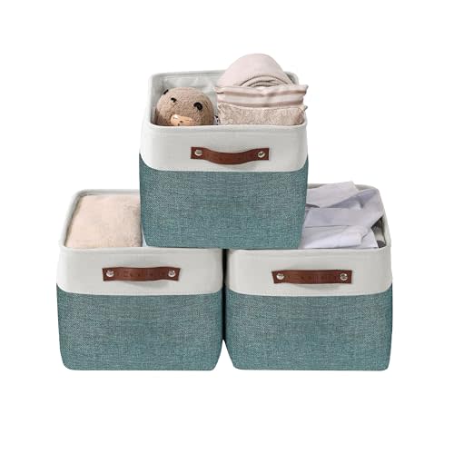 DECOMOMO Storage Bins Fabric Storage Baskets for Shelves, Linen Closet Organization Toys Nursery (Green and White, Large - 3 Pack)