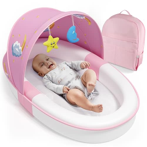 Portable Baby Lounger for Newborn Nest: Lightweight Soft Cotton Travel Bassinet for 0-12 Months Toddler - 2 in 1 Canopy and Mensh Cover Co-Sleeping for Infants Travel Essentials (Pink)