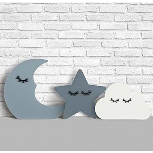 3 Pcs Moon Stars and Cloud Celestial Nursery Decor Bohemian Wood Nursery Shelves Decoration Wooden Nordic Boho Baby Nursery Wall Decor for Bedroom Wedding Baby Shower Boys Girls Kids