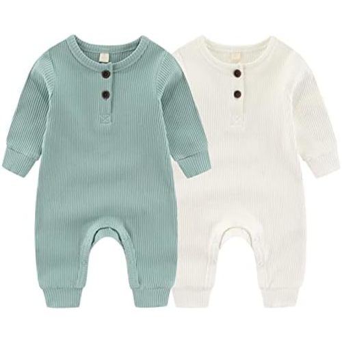 ZAV Solid Unisex Baby Boy Girl Rompers 2 Pack Long Sleeve Jumpsuits Infants Clothes Outfits