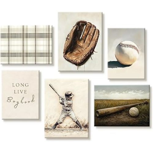 Vintage Baseball Nursery Wall Art Boys Room Canvas Poster Vintage Sports Wall Decor Baby Kids Prints Baseball Field Pictures Sage Green Painting Neutral Artwork for Bedroom 8x10x6 Inch Ready to Hang
