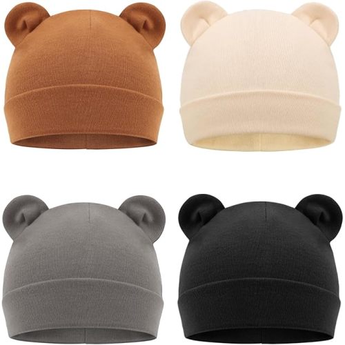 DRESHOW BQUBO 4 Pieces Baby Beanie Newborn Toddler Cute Bear Ears Knit Hat Hospital Hats for Baby Boys Girls