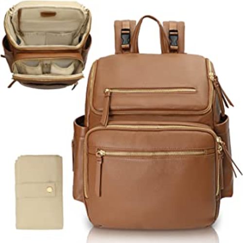 Diaper Bag Backpack Baby Diaper Bag Leather with 17 Diaper Bag Organizing Pouches,Changing Pad,Stroller Straps,4 Insulated Pockets,Brown