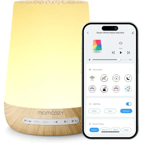 Baby Sound Machine, Momcozy White Noise Machine for Baby Sleeping with Night Light, Toddler Sleep Trainer with 34 Soothing Sounds, Timer, App Remote Control, Personal Sleep Routine(Wood Grain)