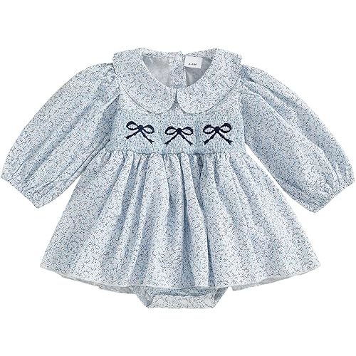 Newborn Baby Girl Romper Dress Bow Puff Sleeve Peter Pan Collar One Piece Jumpsuit Fall Winter Dresses Clothes