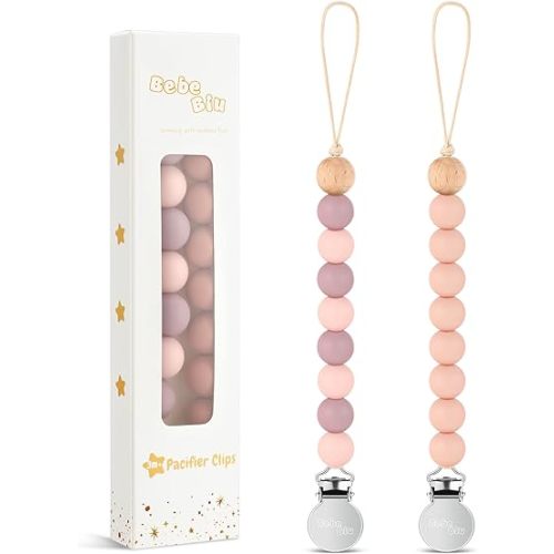 2 Pack Pacifier Clips, Silicone Pacifier Clip for Baby Boys and Girls, Baby Pacifier Strap with Silicone Beads, Pacifier Holder, Keeps Pacifier Clean (Mauve/Muted)