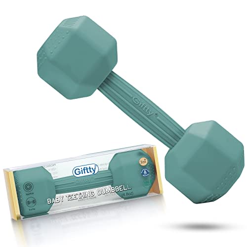 Baby Dumbbell Toy - Silicone Infant Teething Toy Rattle Teether Toddler Sensory Workout Toy Durable Safe Exercises Weight - Great Gift for Baby Boys & Girls (1pcs - Cadet Blue)