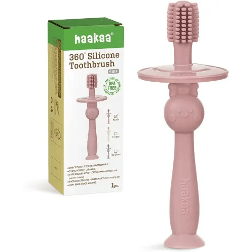 haakaa 360° Baby Toothbrush with Suction Base - Gentle Cleaning for Infant Self-Brushing Training, Food-Grade Silicone, Adjustable Safety Shield - Blush (1 Piece)