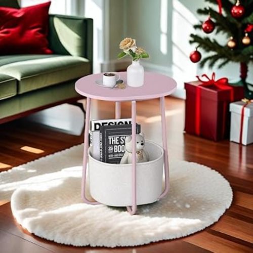 TUTOTAK Small Side Table, Oval End Table, Night Stand, Bedside Table, Sofa Table with Cloth Storage Basket, Living Room, Bed Room, Pink TB01BP063