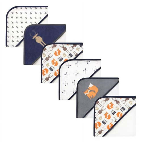 Hudson Baby Infant Boy 6Pc Cotton Rich Hooded Towels Bundle Set, Blue Moose Orange Fox, One Size