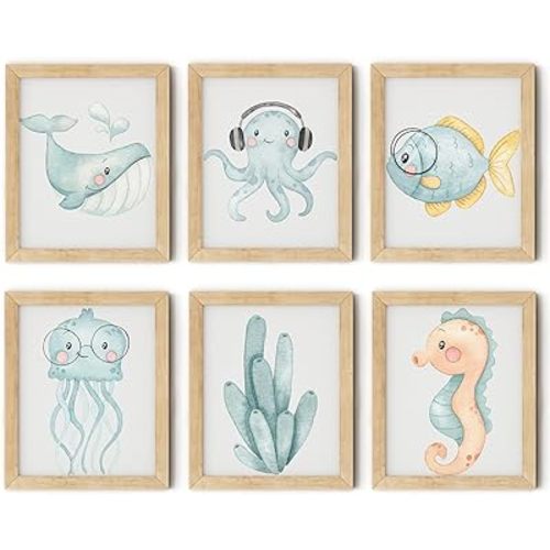 Blue Watercolor Nursery Wall Art Posters Set of 6 Ocean Animal Canvas Art Prints Pictures Sea Whale Jellyfish Seahorse Wall Decor Paintings Nautical Beach for Baby Kids Room 8x10 Inch Unframed