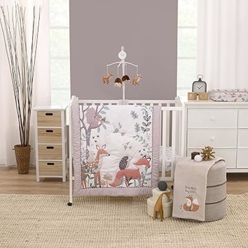 NoJo Little Love Woodland Meadow Taupe, Sage and White, Fox, Deer, and Hedgehog 3 Piece Nursery Mini Crib Bedding Set - Mini Comforter, and Two Fitted Mini Crib Sheets