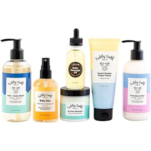 TUBBY TODD Baby Arrival Bath & Skincare Set - The Newborn Gift Set - Baby Shampoo and Body Wash, Lotion, All Over Ointment, Diaper Paste, Baby Massage Oil, Baby Deo - Standard Size Lavender Rosemary