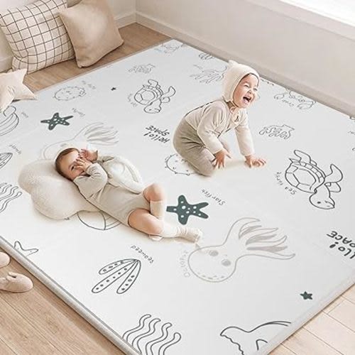 Foldable Baby Play Mat, CreateBay 79x71x0.8 Inch Thick Extra Large Baby Mat for Floor, Waterproof XPE Foam Mat for Tummy Time Mat, Playpen Mat for Crawling(Ocean)