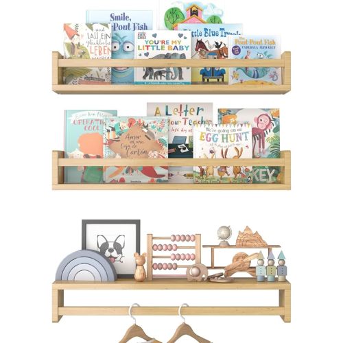 Floating Nursery Book Shelves for Wall, 23.6 Inch Nature Solid Wood Wall Mounted Bookshelf Set of 3, Hanging Bookshelves for Kids Room, Bedroom Nursery Decor and Book Storage (Wood-B)