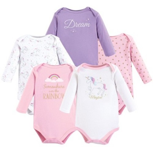 Hudson Baby Infant Girl Cotton Long-Sleeve Bodysuits 5pk, Magical Unicorn, 0-3 Months