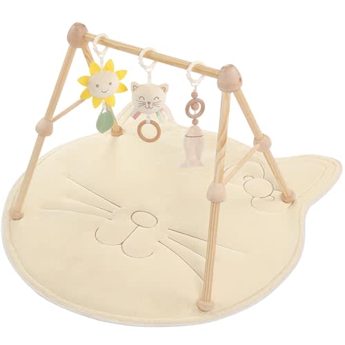 COTTONBEBE Wooden Baby Gym Cotton Play Mat, 4-in-1 Super Soft Infant Activity Tummy Time Playmat for 0 to 3 6 9 12 36 Months Babies, Removable Toys for Sensory & Motor Skill Development, Cat