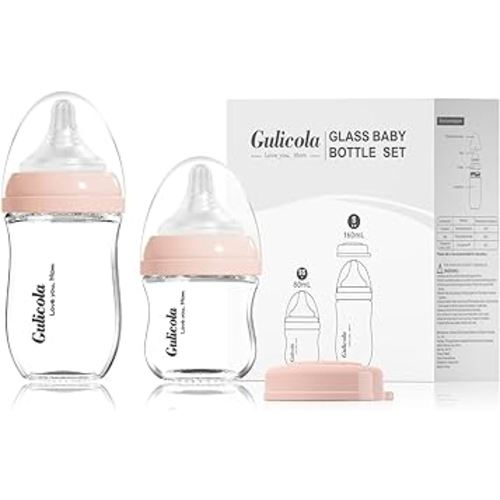 Natural Glass Baby Bottle Newborn Set, 3 oz and 5 oz with Extra Slow Flow & Slow Flow Nipple, Anti Colic, 0-3 Months, 2 Pack - Pink