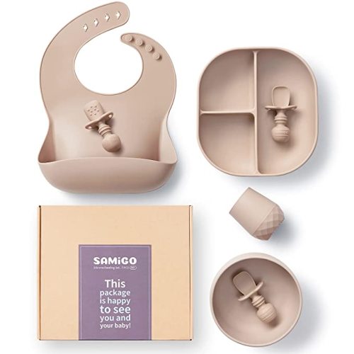 SAMiGO Baby Led Weaning Supplies, Silicone Baby Feeding Set, Suction Plate, Bowl, Spoons, Food Bib, Cup, First Stage Self Eating Utensils, 6+ Months : Baby
