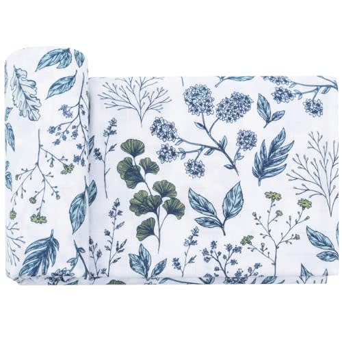 LifeTree Baby Swaddle Blanket, 70% Viscose from Bamboo and 30% Cotton Muslin Swaddles Blankets Boys Girls, Swaddling Blanket for Newborn, Super Soft Large 47" x 47", Blue and White Porcelain
