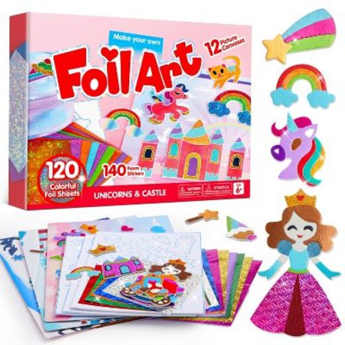 Joyfy Fashion Foil Art Kit for Kids - Unicorn & Castle Foil Foam Stickers Kit, Arts & Crafts, Travel Toys, Birthday Gifts for Boys Girls Age 4 5 6 +
