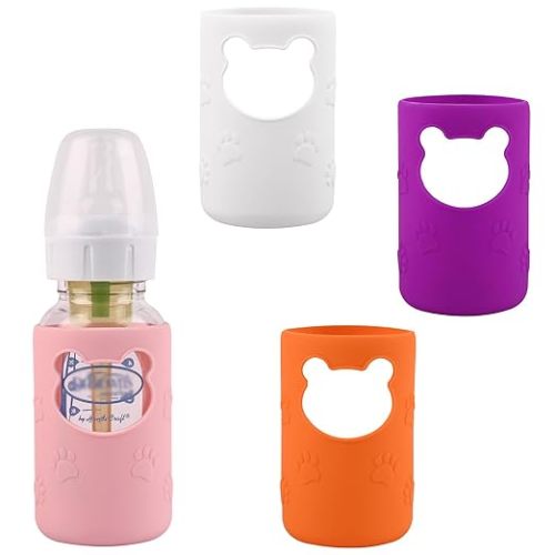 4 Pack Silicone Sleeves for Dr Brown's Glass Baby Bottles, Anti Breakage Baby Bottle Holder, Compatible Dr. Brown's Natural Narrow Glass Baby Bottles 8 oz, BPA Free (White+Pink+Purple+Orange)