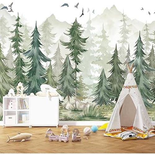 HLNIUC Kids Room Green Forest Wallpaper, Watercolor Woodland Wall Mural, Jungle Green Mountain Mural for Nursery Room, Bedroom, Offices - 141" W x 96" H (Not Peel and Stick)