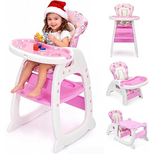 SANDINRAYLI High Chair, Convertible Highchairs for Babies and Toddlers, Easy Clean Baby High Chair, 3 in 1 Feeding Chair for Eating, Adjustable Infant Chair for Toddlers 1-3, Baby Food Chair, Pink
