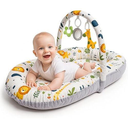 Baby Lounger with Toy Bar & 3 Toys – Infant Nest for Newborns 0–12 Months | 100% Cotton Soft Breathable Cover, Portable Washable Tummy Time Pillow, Shower Gift Registry Essential Newborn Boys