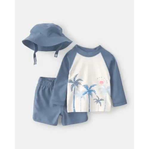Baby Boy 3-Piece Palm Tree Long-Sleeve Rashguard Swimsuit Set - Blue/White | Carter's