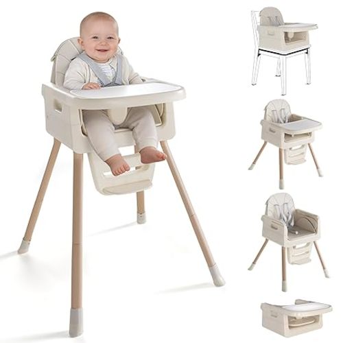 EverKiddo Baby High Chair for 6 Months+, Foldable High Chairs for Babies and Toddlers, Convertible High Chair, Adjustable Tray & Footrest, Portable High Chair & Easy to Clean(White with Wood Grain)