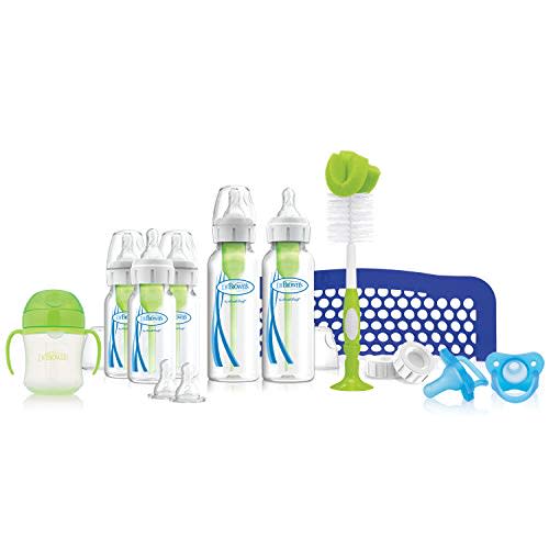 Dr. Brown’s Natural Flow® Anti-Colic Options+™ First Year Feeding Set with Newborn Baby Bottles, Soft Spout Transition Cup, Bottle Cleaning Brush and 100% Silicone HappyPaci™ One-Piece Pacifiers