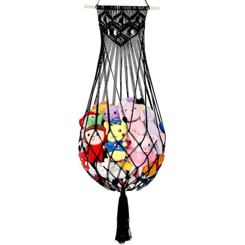 Stuffed Animal Hammock Wall Hanging Net for Stuffed Animal Net Stuffed Animal Storage Plush Toy Holder Toy Organizer for Boho Kidroom Nursery (Black)