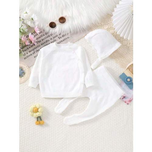 3pcs/Set Newborn Baby Knitted Long Sleeve Romper With Hat, Light Weight | SHEIN