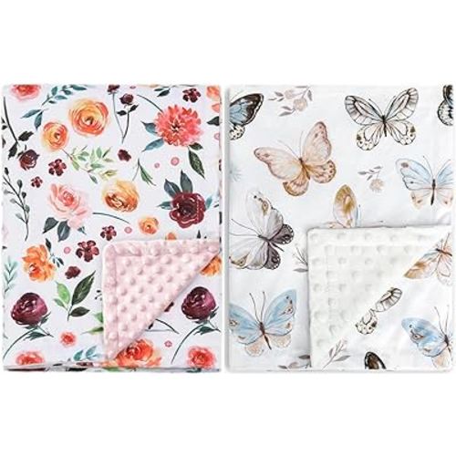 BORITAR 2 Pack Baby Blanket for Girls Super Soft Double Layer Minky with Dotted Backing, Receiving Blanket with Elegant Floral Multicolor Printed Blanket 30 x 40 Inch(75x100cm)