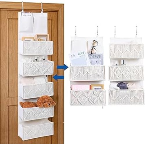 ANTIS'S HOME Nursery Over The Door Organizer Boho Decor Nursery Storage with 5 Large Woven Pockets, Detachable, Macrame Nursery Organizers and Toys Storage, Behind Door for Bathroom, Bedroom