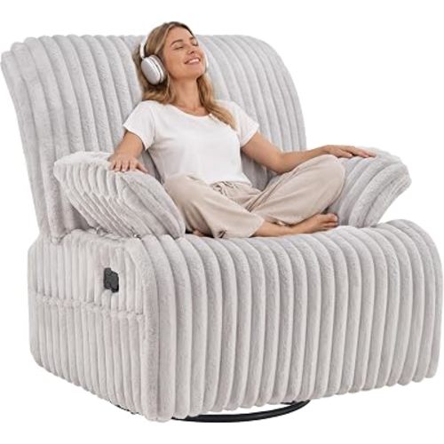 GRAINELL Oversize 40-Inch Swivel Glider Recliner, Wide Stripe Fabric Rocking Chair with 360° Rotation, for Adults Nursery Living Room (Mineral Grey)